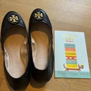 Tory Burch Black Flats with Gold Logo